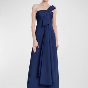 Badgley Mischka Collection Navy Strapless Draped Bow-Front Gown